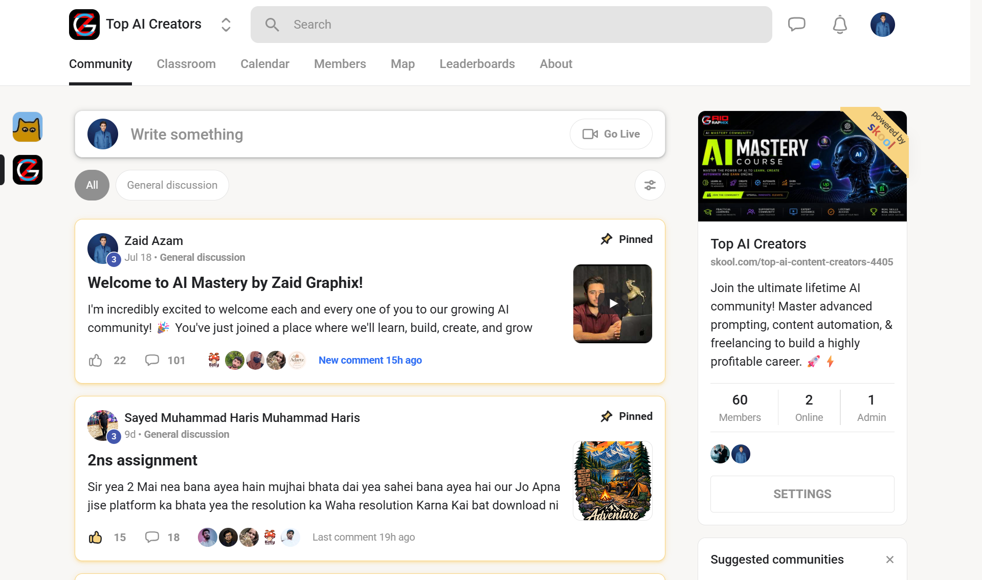 Glimpse of the Top AI Creators Skool community feed with student posts and design showcases